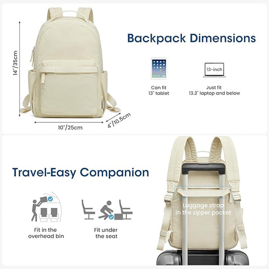 G4Free Small Nylon Backpack for Women Men, Lightweight Backpack Daypack for Travel Work Hiking, Beige
