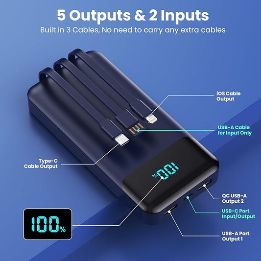 Portable Charger 40800mAh Power Bank with 3 Built-in Cables,PD 25W USB C in&Out Power Bank Fast Phone Charging,QC4.0 5 Output LED Display Battery Pack Compatible with iPhone 17/16,Samsung Android-Navy