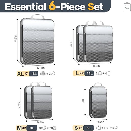 Veken 6/9/11 Set Compression Packing Cubes for Travel Essentials,Compressible Expandable Large Luggage Suitcase Organizer Bags for Clothing,Durable Space Saver Storage Bags(Black)