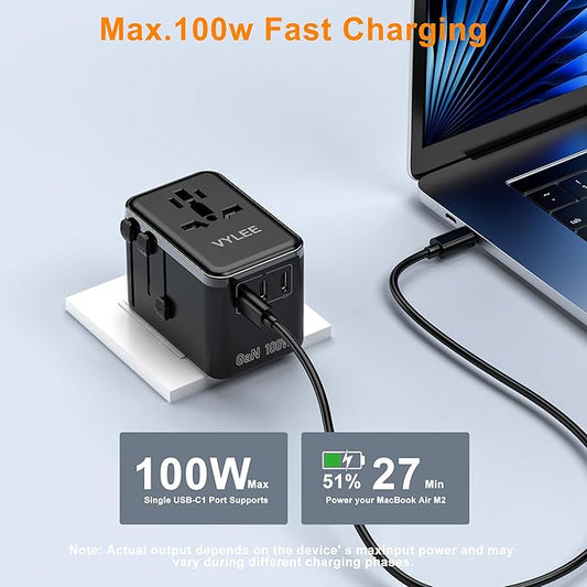 Universal Travel Adapter, PD100W GaN International Power Adapter with 3 USB C and 1 USB A Charging Ports, All in One Power Outlet, Worldwide Plug Adapter for US to European Europe UK AUS Ireland