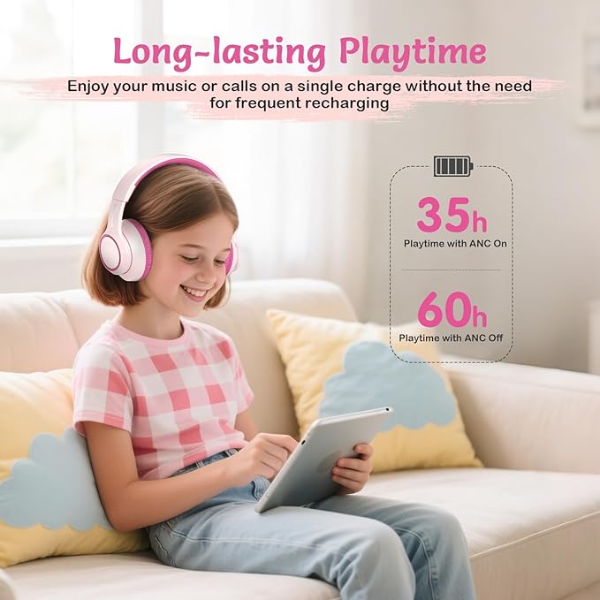 Kids Bluetooth Headphones with Active Noise Cancelling, Wireless Over-Ear Headphones for Boys Girls, Foldable, Adjustable, Safe Volume, 40H Playtime, Mic for School Travel(Pink)