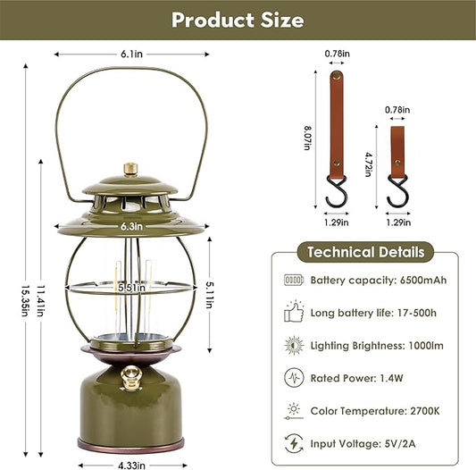 Metal Vintage LED Camping Lantern, 6800mAh Rechargeable Battery Last 17-500 Hours Camping Lamp, Large Dimmable Hanging Lantern, Retro Camping Light with Hook for Courtyard Outdoor Decoration