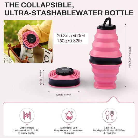 2pcs Collapsible Water Bottles,600ml Foldable Water Bottle BPA Free Reusable Lightweight LeakProof Silicone Bottle for Travel Hiking Camping Sports,Collapses to 1.5” with Anti-Collapse Ring