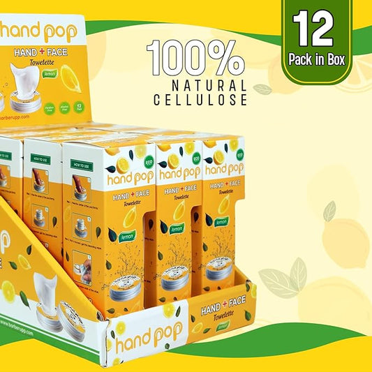 Hand Pop Lemon Wipes Bulk Pack β 120 Individually Wrapped Refreshing Wet Towelettes (12 Boxes of 10) β Alcohol-Free, Skin-Friendly, Travel Size Wipes for Home, Office, Events & Gifting