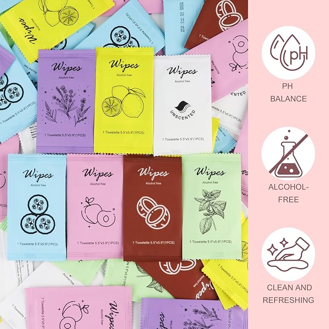 Individual Hand Wipes,Wet Wipes Individually Wrapped Bulk Cleansing Travel Size Wet Wipes for Wedding Travel Restaurant Barbecue(peach,pack of 50)