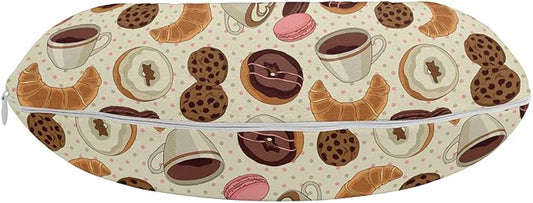Ambesonne Dessert Travel Pillow Neck Rest, Patisserie Theme Pattern Chocolate Coated Donut Cookie Latte Croissant, Memory Foam Traveling Accessory for Airplane and Car, 12", Pink Brown
