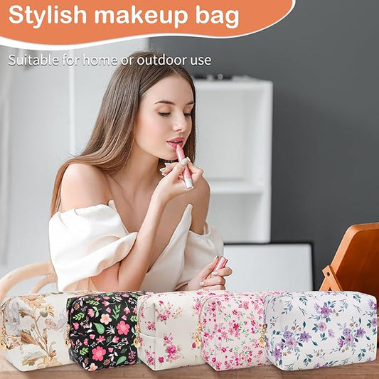 Floral Waterproof Makeup Bag, Leather Cosmetic Bag with Compartments, Zipper Make up Pouch Organizer, Portable Storage Travel Toiletry Bag Gifts for Women Girls(Apricot Flower)