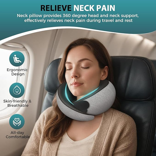Travel Neck Pillows for Airplanes - 360° Ergonomic Memory Foam Travel Pillow - Relief Neck Pain with Breathable Support for Long Flights, Car, Train & Office Use - Adults & Kids