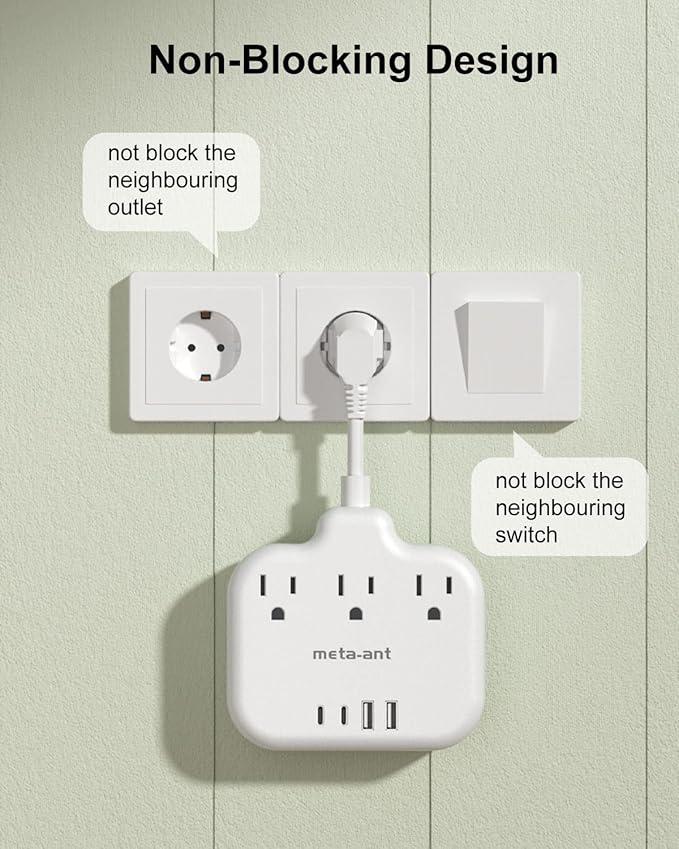 European Travel Plug Adapter 3 inch, International Plug Adapter, US to Europe Plug Adapter with 3 Outlets 4 USB Ports(2 USB C), Type E F Power Adapter to EU Germany Spain France Portugal Iceland