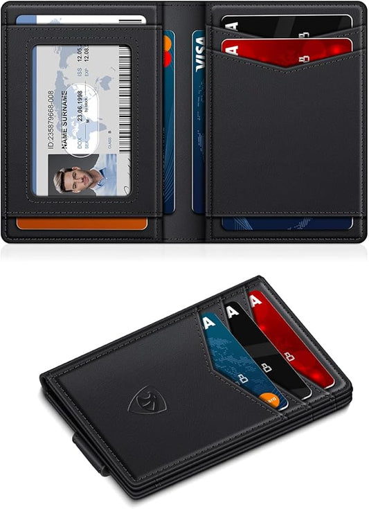 ZALVEX Wallet for Men Slim Leather Wallets for 12-15 Cards, Minimalist Thin RFID Blocking Card Holder with Money Clip & ID Window, Small Bifold Front Pocket Wallet, Gifts for Men