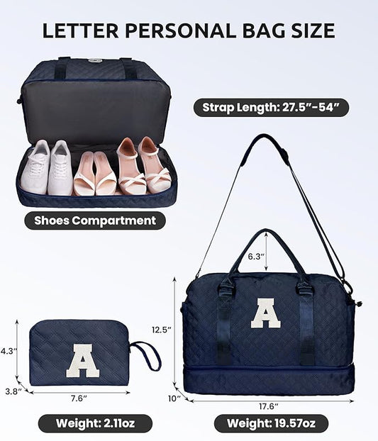 Vogewood Bags for Women College Gifts-Initial Duffle Bag with Shoe Compartment, Weekender Bag, Monogram Overnight Bag, Letter Travel Bag with Makeup Bag, Bachelorette Gifts for Bride (Letter Q)