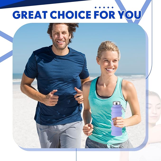 Baderke 2 Pcs Collapsible Water Bottles 17oz Silicone Travel Foldable Portable Water Bottle with Buckle Silicone Lightweight Reusable Leakproof for Camping Hiking Cycling Sport(Green, Purple)