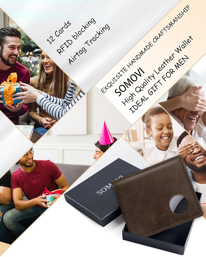 Mens Wallet with AirTag Holder, Genuine Leather Bifold RFID Blocking Wallet for Men - 2 ID Window 13 Cards Holders 1 Gift Box, AirTag Not Included