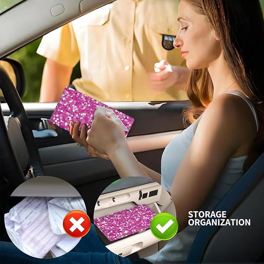 Leather Car Registration and Insurance Card Holder, Cute Car Accessories Vehicle Glove Box Car Organizer for Documents, Cards, License Glitter Purple Pattern