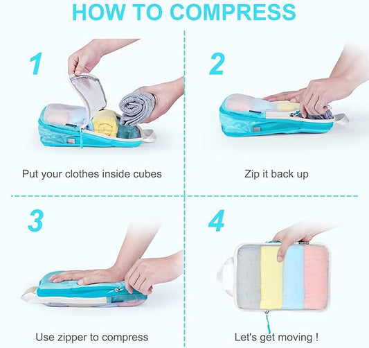 Lightweight Compression Packing Cubes for Suitcases, Compressible Expandable Travel Packing Organizer with Clear Toiletries and Backpack Bag, Travel Essentials for Carry on Luggage 7 Set