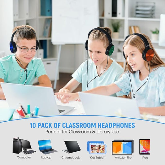 10 Pack Kids Headphones Bulk for School Classroom, Over-Ear Headphones Wired School Supplies for Kids Students Teachers, 3.5mm Jack(Multicolor)