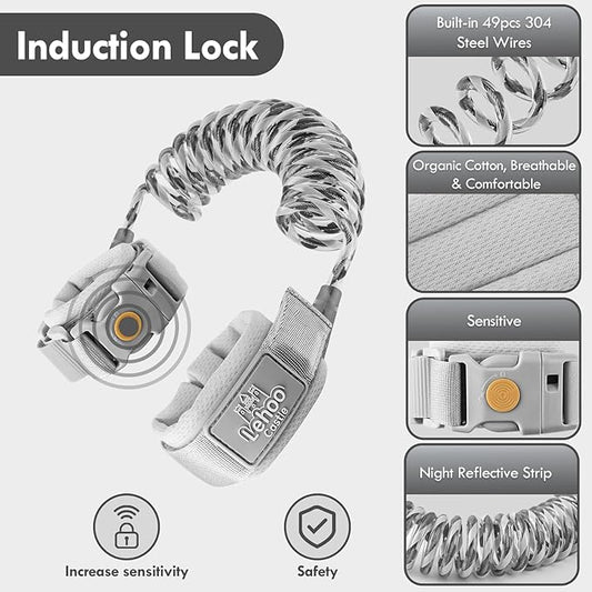 Lehoo Castle Toddler Leash Wrist, 4.9ft Kid Leash Wrist with Induction Lock, Anti Lost Wrist Link for Toddlers, Reflective Leash for Kids, Child Leashes for Toddlers (Grey)
