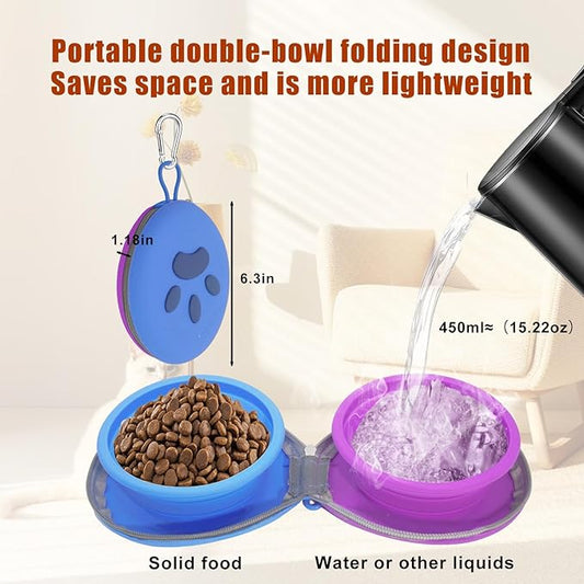 Collapsible Dog Bowls, 2-in-1 Silicone Pet Food and Water Bowl with Carabiner, Portable Double Compartment Dish for Travel, Camping, Hiking Puppy Essentials (Purple Blue)