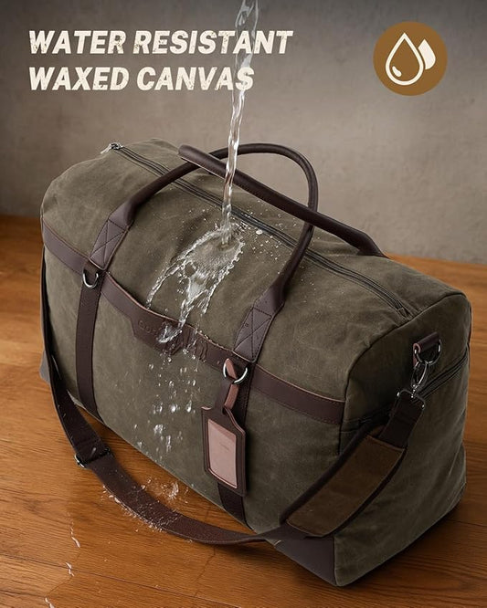 Gonex Waxed Canvas Duffle Bag for Travel, Water-resistant Vintage 55L Duffel Weekender with Shoes Compartment & Luggage Tag, Heavy-duty Overnight Bag with Suitcase Handle Sleeve for Men, Army Green