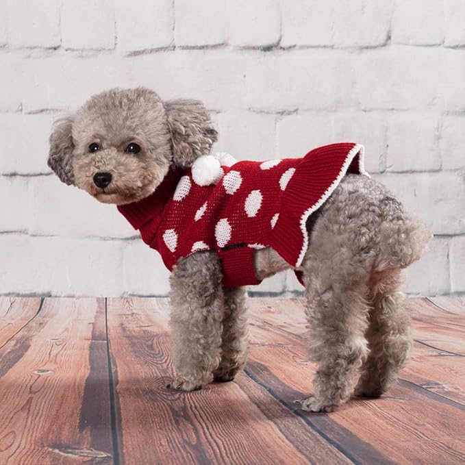 KYEESE Red Dog Sweaters Dress with Leash Hole Polka Dot for Girl Dog Sweater Knit Warm Doggie Sweaters with Pom Pom Ball for Fall Winter