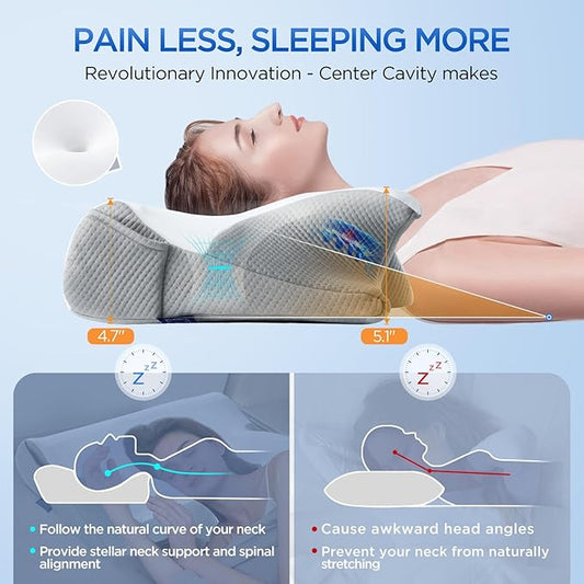 Effective Pain Relief Cervical Neck Pillow for Sleeping, Memory Foam Pillows for Neck Support, Odorless Contour Side Pillow, Ergonomic Bed Pillow for Back Stomach Sleeper (White and Grey)