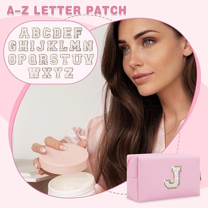 Small Personalized Initial A-Z Patch Makeup Bag,Pink Cute PU Leather Glitter Letter Cosmetic Bag for Teen Girls,Travel Toiletry Bag with Zipper,Preppy Monogrammed Birthday Gift for Daughter Niece J