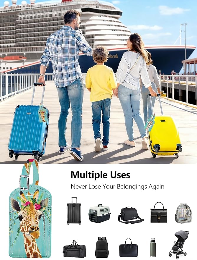 Luggage Tags Built-in Anti-Loss Tracker, Luxury Leather Luggage Tags for Suitcase, Travel Bags, Backpacks, Travel Organizer for Lost Baggage Prevention (Giraffe)