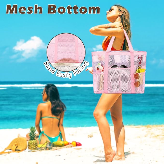 Mesh Beach Bag, Large Beach Tote with Zipper Pocket for Family Pool Bag for Toys & Vacation Essentials