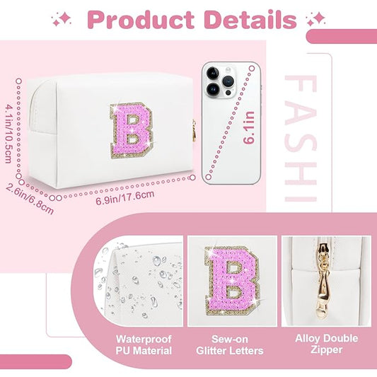 Small Initial Patch Makeup Bag Personalized Gifts Make Up Bag,White Cute PU Leather Glitter Letter Cosmetic Bag with Zipper,Trendy Portable Travel Toiletry Pouch,Preppy Stuff for Teen Girls Women B
