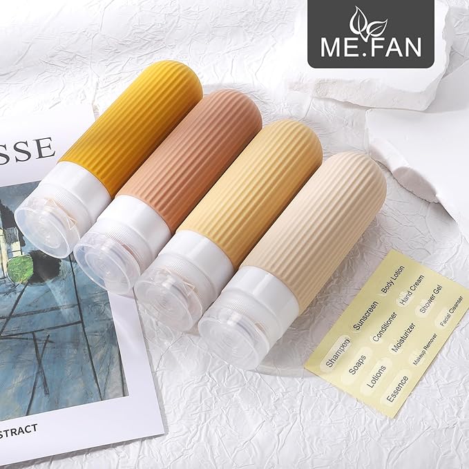 ME.FAN Travel Bottles for Toiletries, TSA Approved 3oz Silicone Journey Size Containers, Portable Split Bottle for Conditioner, Shampoo, Lotion- 4 Pack Yellow