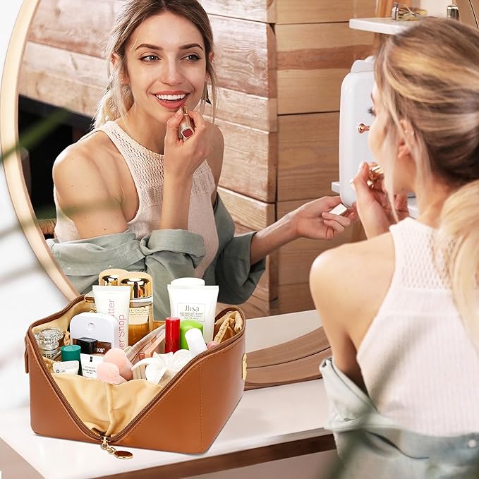 Birthday Gifts for Women Teen Girl, Personalized Initial Makeup Organizer Bag Set, Open Flat Travel Cosmetic Bag With Clear Divider and Handle(Brown,T)