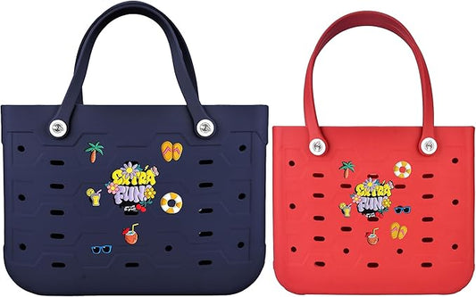 2-Piece Tote Bag Set, Waterproof Rubber Beach Bag with Summer Pattern, Medium & Large Handbag for Pool, Beach, Boat