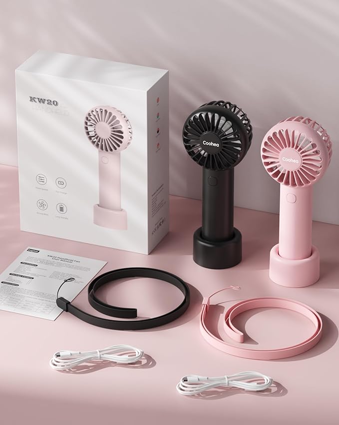 Coohea 2-Pack Pink & Black Handheld Fan, Small Cute Design, 3 Powerful Speeds, Operated by USB/Rechargeable Battery, Portable Personal Fan with Base & Lanyard, for Eyelash Makeup Travel Beach Desk