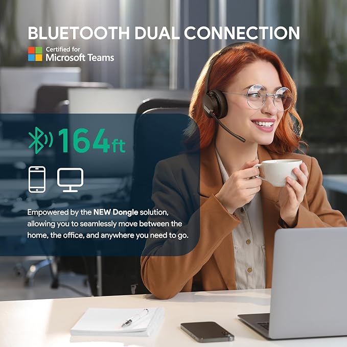 Yealink BH70 UC Wireless Bluetooth Headset with Microphone for Work, up to 35h Talking Battery, Teams UC Compatible Headsets for Computer Mobile, 147g Lightweight Headphone for Open Office 50m Range