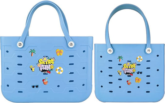 2-Piece Tote Bag Set, Waterproof Rubber Beach Bag with Summer Pattern, Medium & Large Handbag for Pool, Beach, Boat