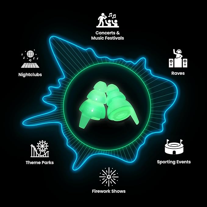 Eargasm Afterglow High Fidelity Earplugs - Reusable Glow-in-The-Dark Noise Reduction Hearing Protection Ear-Plugs with Carrying Case for Concerts, Festivals, Raves, Musicians, Live Music, Sports