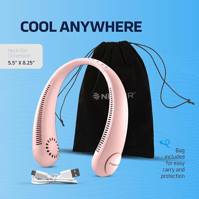 NEXAIR Portable Neck Fan -3 Speed Rechargeable Bladeless Neck Cooler, Pink Comfortable Lightweight, Personal Neck Fan For Women & Men Modern Design, Great Cooling Fan For Travel, Outdoors & Sports
