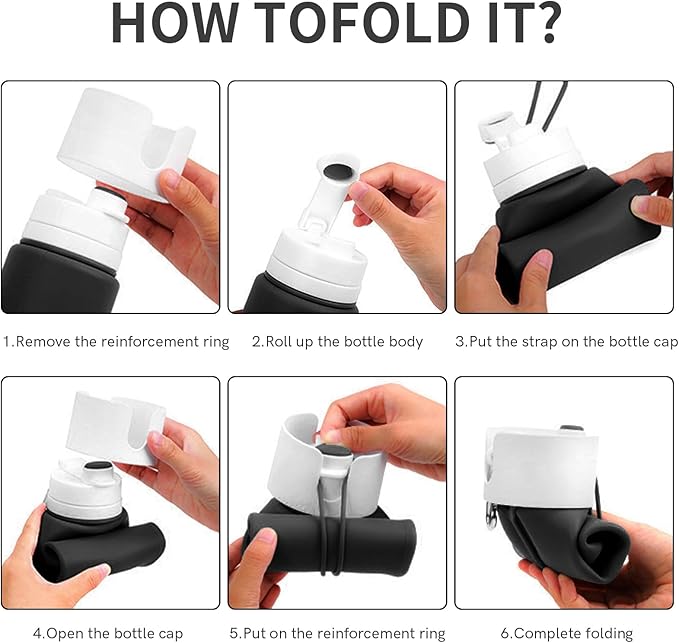 Collapsible Water Bottles for Travel - 26oz BPA-Free Foldable with Carabiner, Lightweight Leak-Proof Design, Portable Reusable Bottle for Hiking, Airplane, Camping (Black)