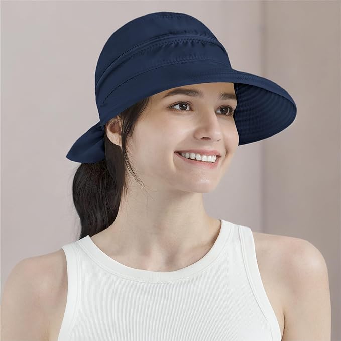 SUN CUBE Women Sun Hat for Outdoor UV Protection, Wide Brim Sun Hat Ponytail, Convertible Zip-Off Beach Hat Visor