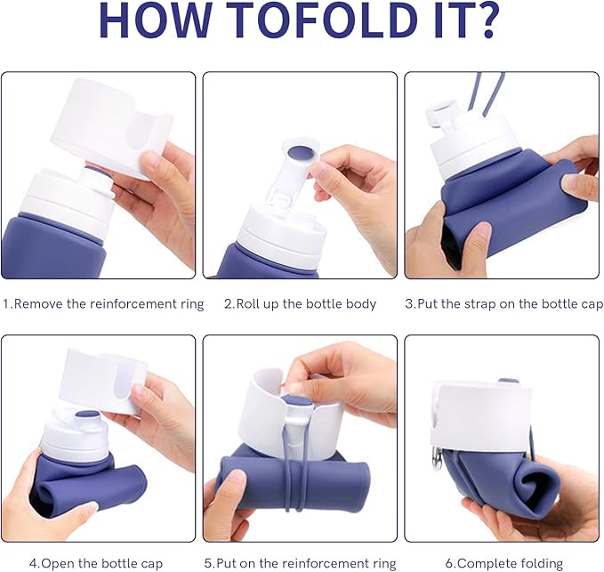 Collapsible Water Bottles for Travel - 26oz BPA-Free Foldable with Carabiner, Lightweight Leak-Proof Design, Portable Reusable Bottle for Hiking, Airplane, Camping (Blue)