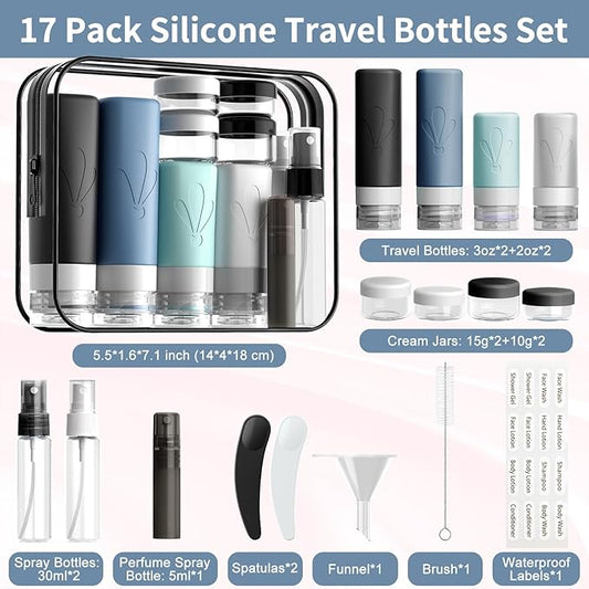 INSFIT 17pack Travel Bottles for Toiletries, TSA Approved Squeezable Silicone Liquid Containers for Shampoo Conditioner Lotion & Body Wash Vacation Travel Essentials with Labels