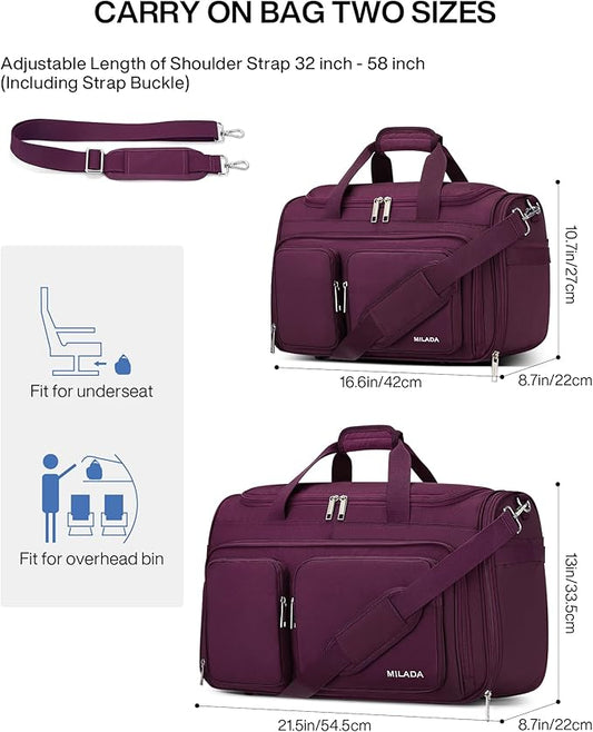 MILADA Underseat Carry On Luggage Bags for Travel Lightweight Foldable Carry On Bags for Airplanes Small Duffle Bag for Men Women Personal Weekend Overnight Travel Tote Bags, Purple