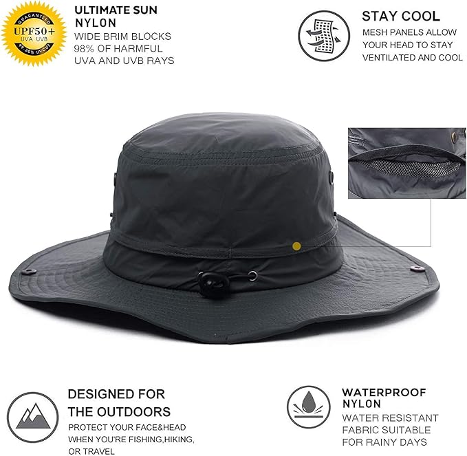 Oversize XL XXL Large Wide Brim Waterproof UPF 50+ Bucket Sun Summer Travel Fishing Hiking Fisherman Hat Detachable Chin