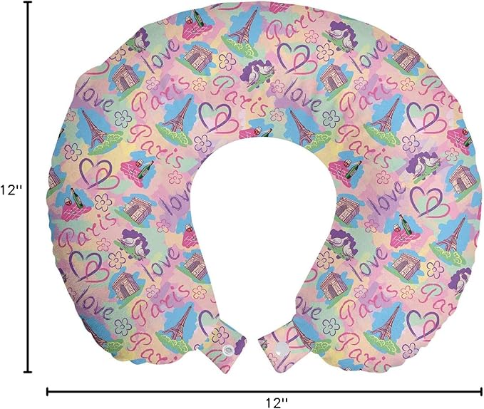 Ambesonne Modern Travel Pillow Neck Rest, Vintage Retro Paris French Design with Landmarks and Florals Art, Memory Foam Traveling Accessory for Airplane and Car, 12", Pink Blue