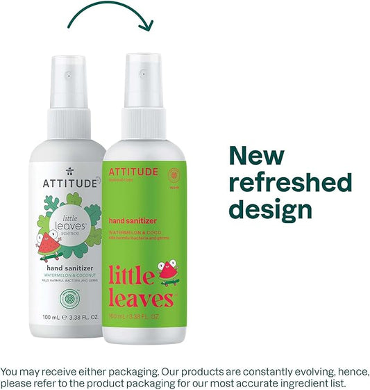 ATTITUDE Hand Sanitizer Spray for Kids & Adults, EWG Verified, Travel Size, Dermatologically Tested, Plant and Mineral Based, Vegan, Watermelon & Coco, 3.5 Fl Oz (Spray Bottle)