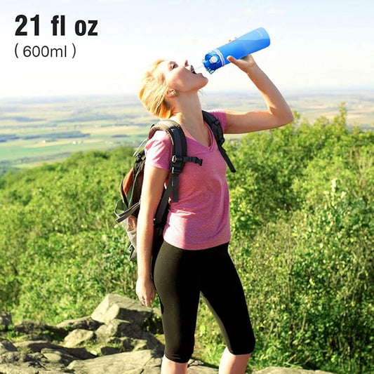 Valourgo Collapsible Water Bottle, Silicone Foldable with Leak Proof Valve BPA Free, Aqua Blue, 21 oz