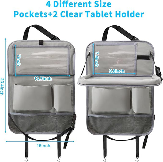 Car Backseat Organizer with Tablet Holder, 6 Storage Pockets Foldable Table Food Tray Seat Back Protectors Kick Mats Travel Accessories, 2 Pack Grey