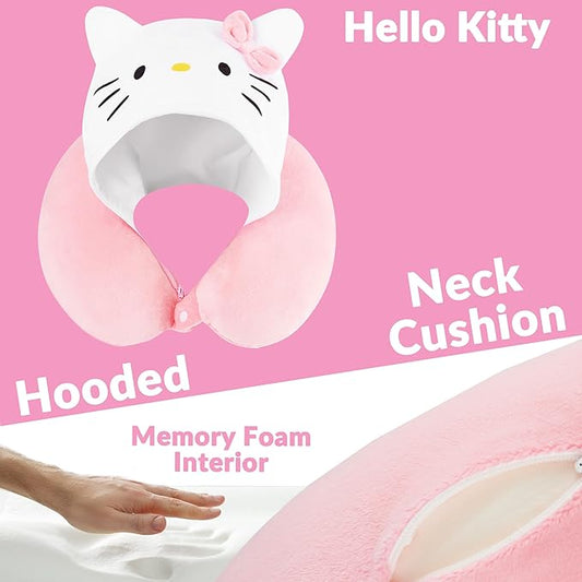 Hello Kitty Girls Teens Travel Pillow with Hood, Memory Foam Cushion Travel Accessories Flight Pillow Neck & Head Support