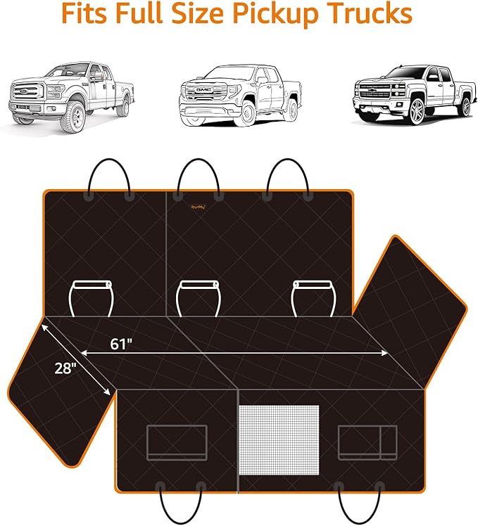 iBuddy Truck Seat Extender for Dog Hard Bottom Seat Cover Split Design Offer Large Space Protects Leather Seat from Scratch, Hair, Waterproof Pickup Truck Seat Cover for Silverado/GMC/Ram/F150 F250