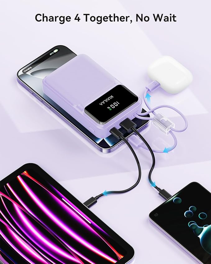 Kuulaa Portable Charger Power Bank 20000mAh,22.5W Fast Charging with Built-in Cables,Travel Essentials Battery Pack with LED Display,Compatible with iPhone Samsung Google iPad Android,Purple